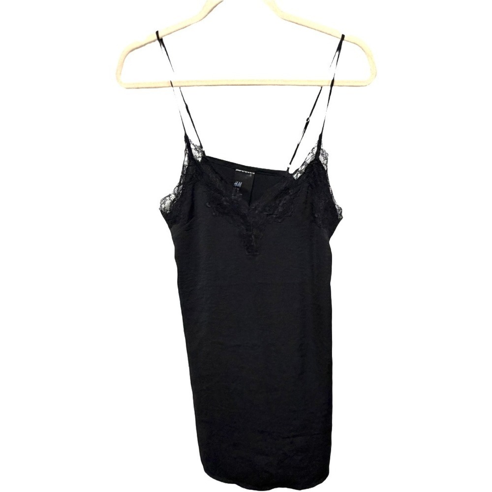 H&M Black Lace Trim Satin Cami Slip Dress XS Adjustable Straps Mini Lingerie